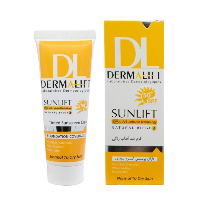 کرم ضد آفتاب SPF50 پوست خشک و معمولی درمالیفت رنگ بژ طبیعی |۴۰ میلی لیتر|کمک به صاف شدن پوست